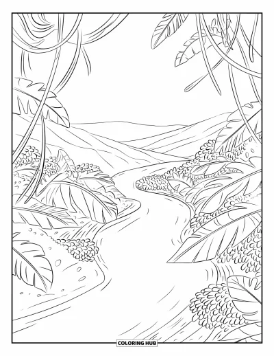 Coloriage de jungle pour adultes : Une rivière calme coule dans une vallée de jungle encadrée de branches et de grandes feuilles