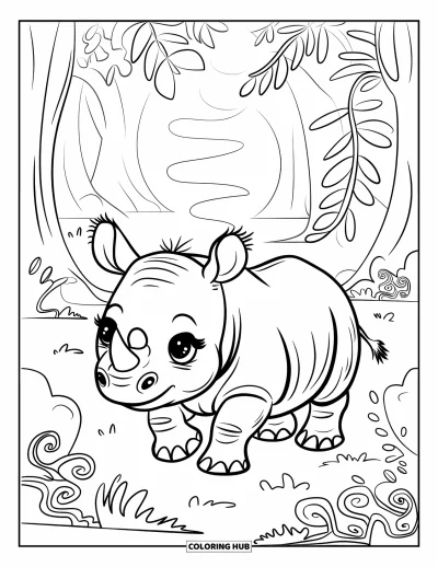 Coloriage de jungle pour adultes : Un bébé rhinocéros joyeux trottine dans une clairière de jungle avec des plantes bouclées et de la brume