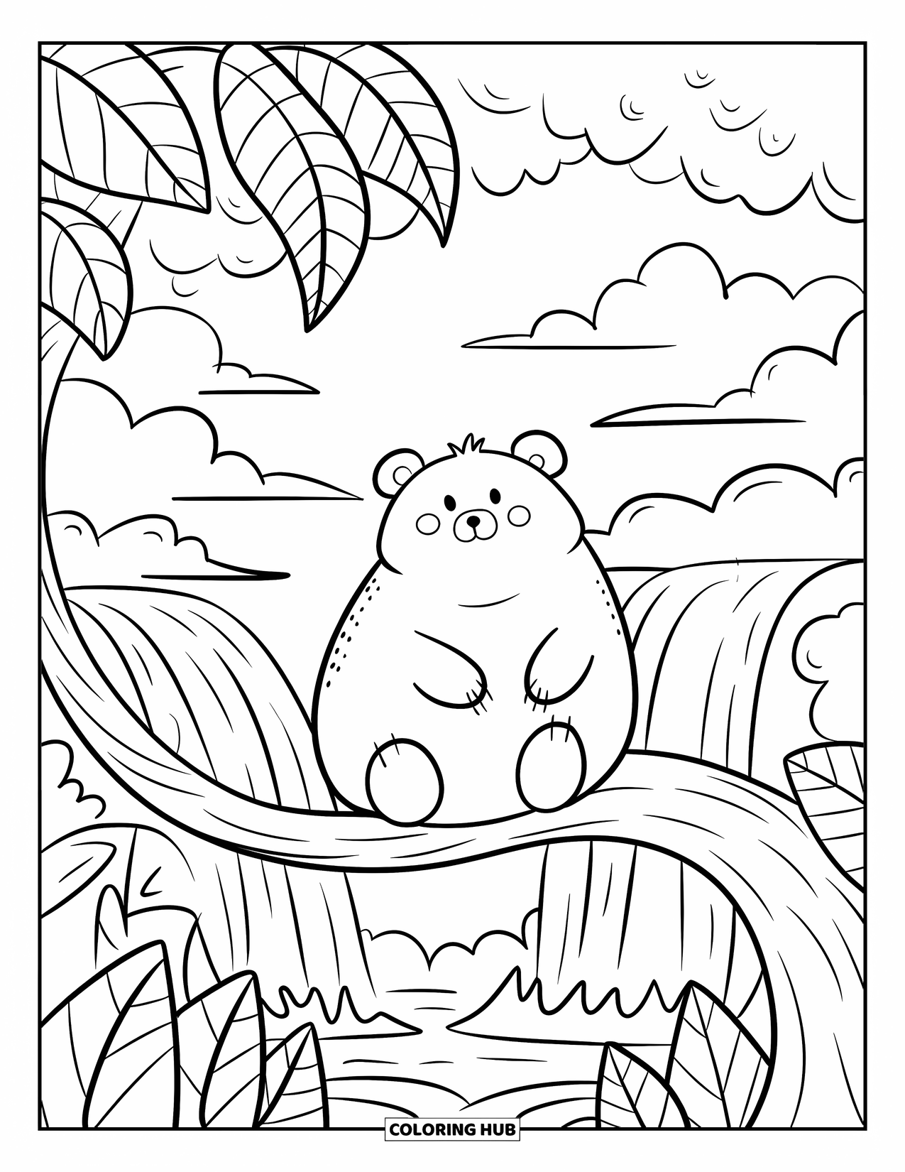 Jungle Coloring Page for Adults: A chubby bear sits on a jungle branch with a waterfall and puffy clouds in the background
