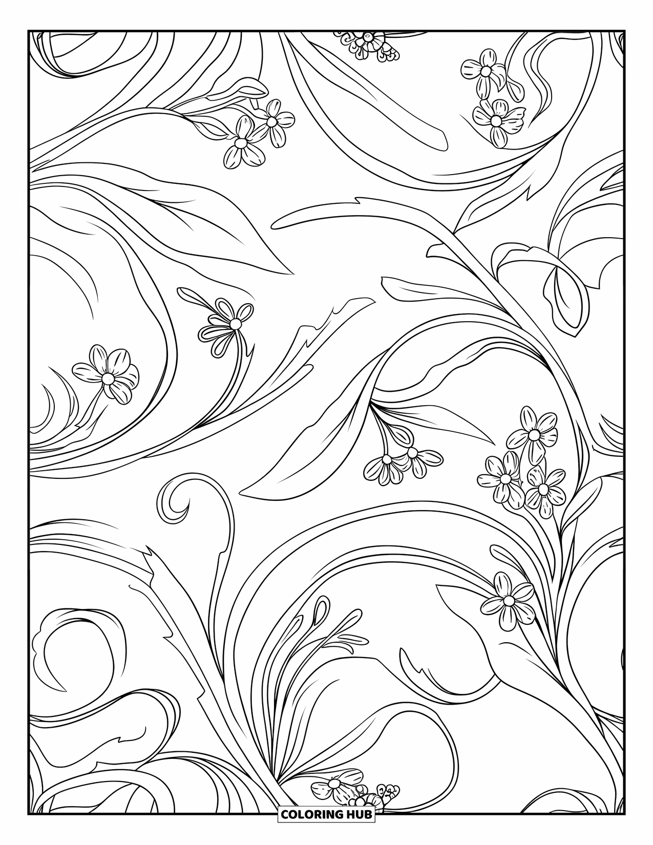 Jungle Coloring Page for Adults: A close-up of jungle plants with curling vines and delicate flowers intertwined