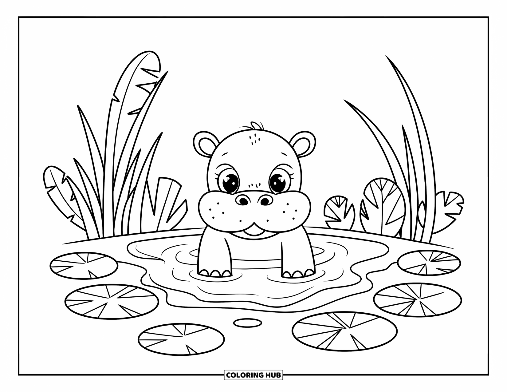 Jungle Coloring Page for Adults: A cute baby hippopotamus peeks from a jungle pool with playful ferns nearby