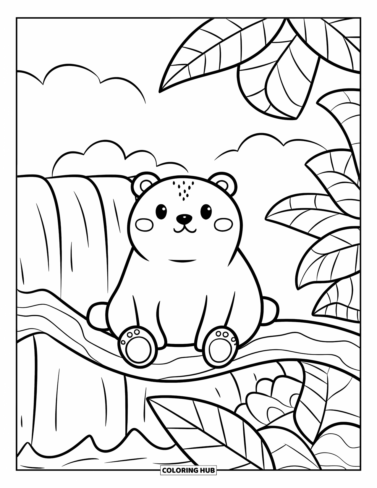Jungle Coloring Page for Adults: A cute bear rests on a curvy jungle branch near a waterfall and puffy clouds