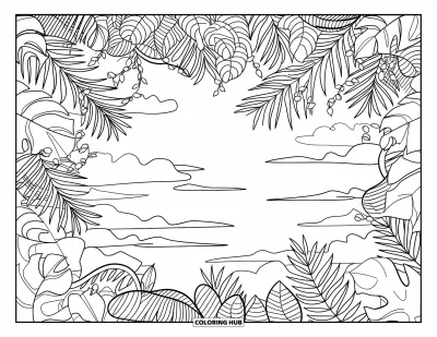 Coloriage de jungle pour adultes : Une scène de jungle dense remplie de feuilles étagées, de lianes torsadées et d'oiseaux perchés
