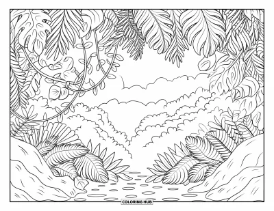 Coloriage de jungle pour adultes : Une scène de jungle dense avec un chemin rocailleux, des montagnes brumeuses et des feuilles tropicales étagées