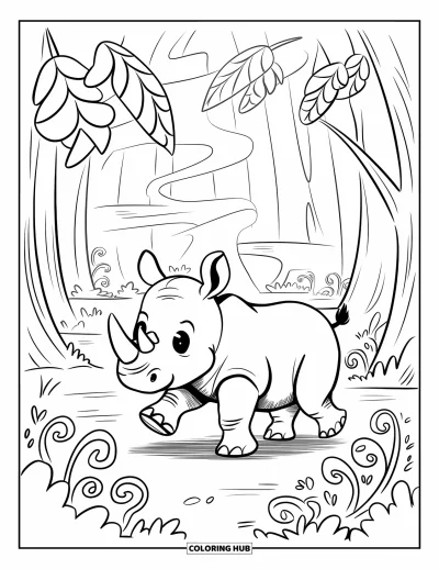 Coloriage de jungle pour adultes : Un bébé rhinocéros sympathique trottine dans une clairière de jungle sous des arbres feuillus