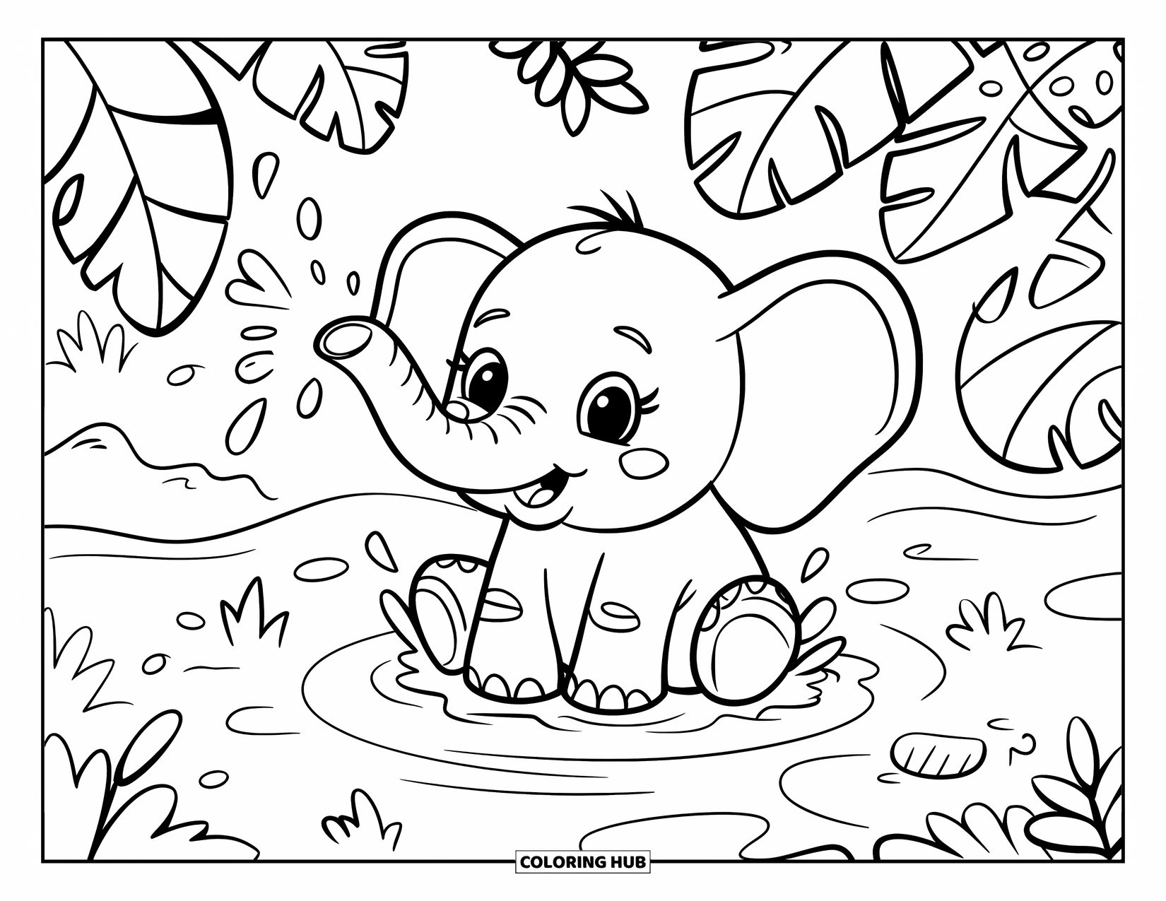 Jungle Coloring Page for Adults: A happy baby elephant splashes in a jungle river surrounded by ferns and banana trees