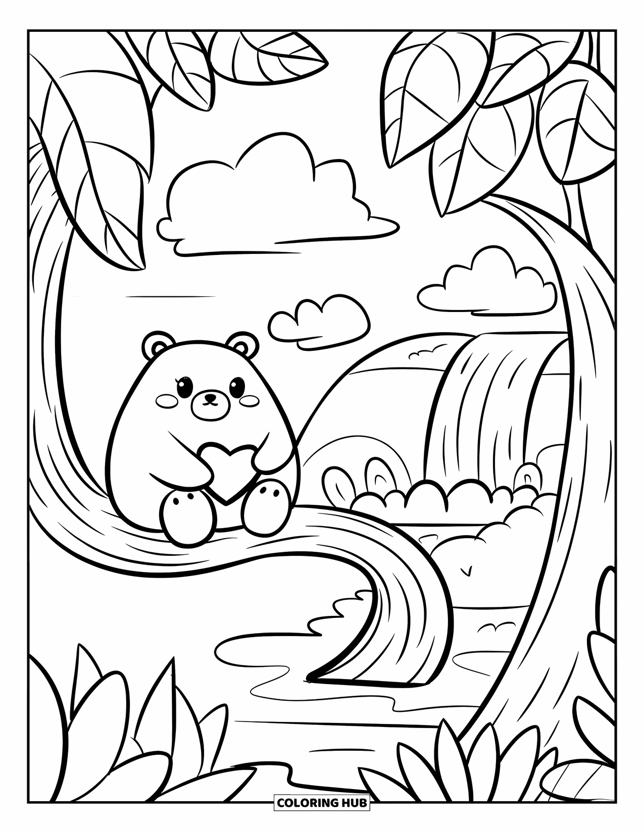 Jungle Coloring Page for Adults: A happy bear holds a heart-shaped object while sitting near a gentle jungle waterfall