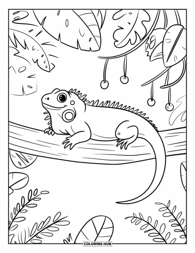 Coloriage de jungle pour adultes : Un iguane joyeux se prélasse sur une branche de jungle entouré de feuilles et de petits fruits