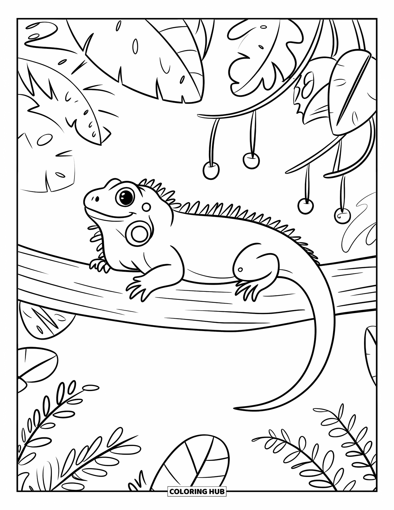 Jungle Coloring Page for Adults: A happy iguana lounges on a jungle branch surrounded by leaves and mini fruits
