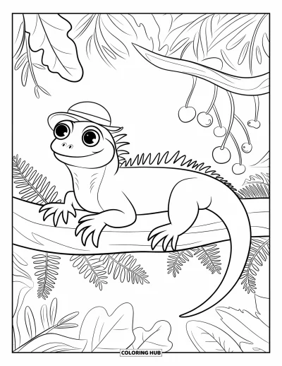 Coloriage de jungle pour adultes : Un iguane joyeux coiffé d'un chapeau se prélasse sur une branche de jungle entouré de plantes généreuses