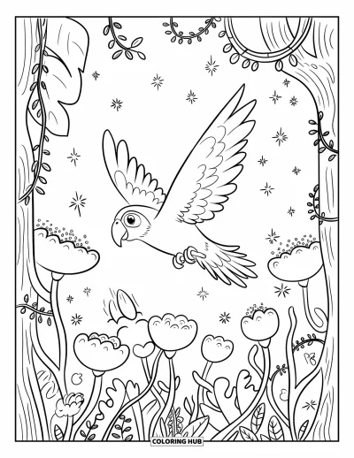 Coloriage de jungle pour adultes : Un perroquet joyeux volette au-dessus d'une clairière de jungle avec de grandes fleurs et des lianes étincelantes