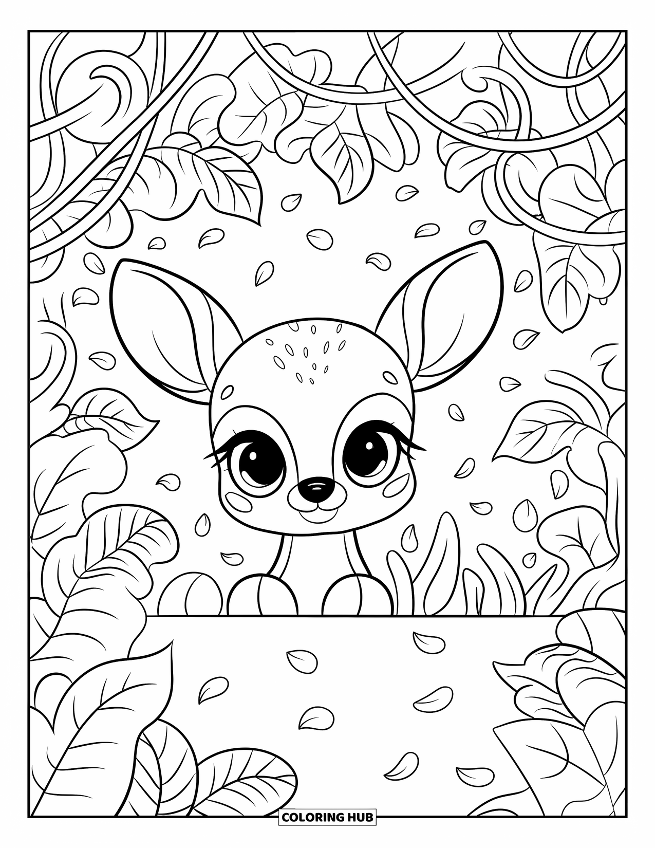 Jungle Coloring Page for Adults: A jungle deer peeks through fern leaves with swirly vines and soft petals on the ground