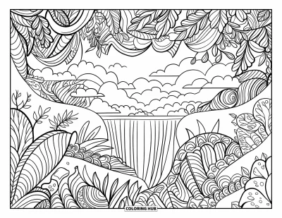 Coloriage de jungle pour adultes : Un paysage de jungle avec des feuilles tropicales, des lianes élaborées, des montagnes et des cascades