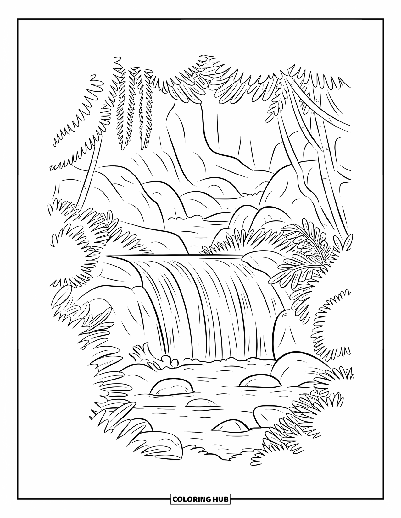 Jungle Coloring Page for Adults: A jungle waterfall cascades over rocks surrounded by thick foliage and ferns