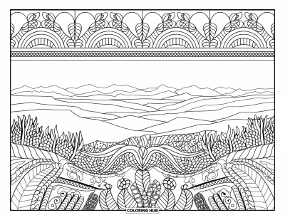 Coloriage de jungle pour adultes : Une vue panoramique de jungle montre des montagnes étagées et une forêt dense aux motifs élaborés