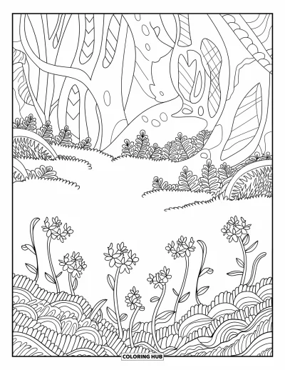 Coloriage de jungle pour adultes : Une clairière de jungle paisible avec des fleurs sauvages épanouies et des motifs d'arbres complexes