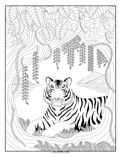 Coloriage de jungle pour adultes : Un tigre paisible repose sous des arbres de jungle aux feuilles rondes avec un paysage lointain tranquille