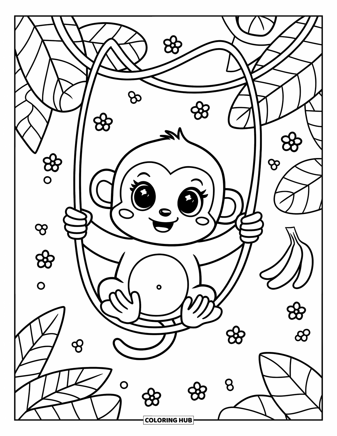 Jungle Coloring Page for Adults: A playful baby monkey swings on a curly vine surrounded by jungle leaves and tiny flowers