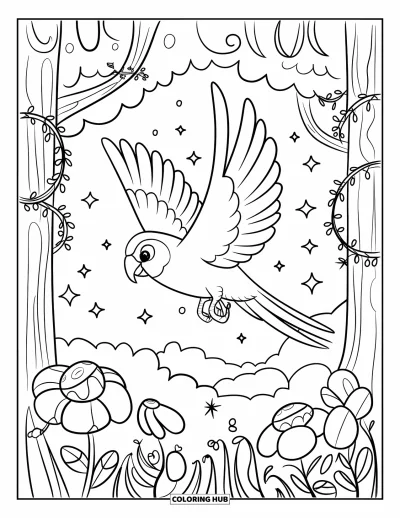 Coloriage de jungle pour adultes : Un perroquet espiègle volette au-dessus d'une clairière remplie de grandes fleurs et de lianes