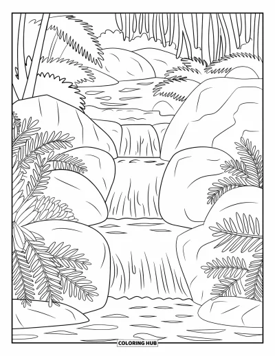 Coloriage de jungle pour adultes : Une cascade de jungle tranquille coule sur des rochers parmi un feuillage dense et de grandes fougères