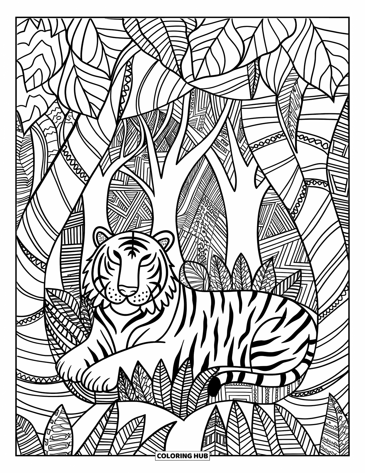 Jungle Coloring Page for Adults: A resting tiger is nestled under jungle trees with patterned trunks and swirling vines
