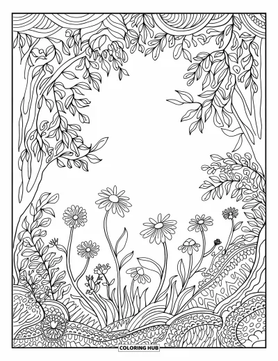 Coloriage de jungle pour adultes : Une clairière de jungle sereine remplie de fleurs sauvages, de plantes généreuses et de détails artistiques