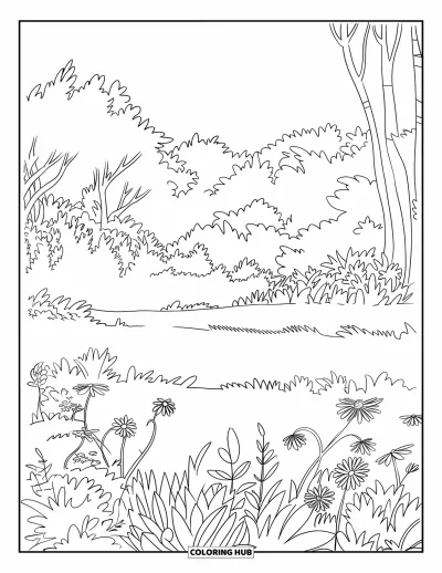Coloriage de jungle pour adultes : Une clairière de jungle sereine avec des fleurs sauvages, une végétation dense et de grands arbres