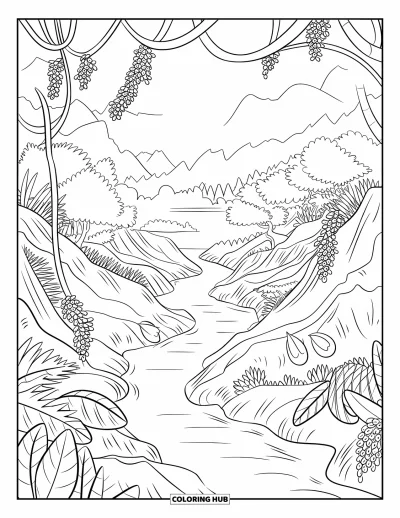 Coloriage de jungle pour adultes : Une rivière paisible serpente dans une vallée de jungle aux branches surplombantes et aux grands arbres