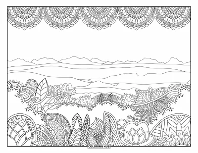 Coloriage de jungle pour adultes : Une vue panoramique de jungle avec des montagnes et une forêt ornés de motifs artistiques élaborés