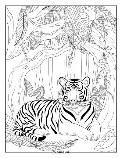 Coloriage de jungle pour adultes : Un tigre dort paisiblement sous des arbres de jungle entouré de feuilles texturées et de lianes