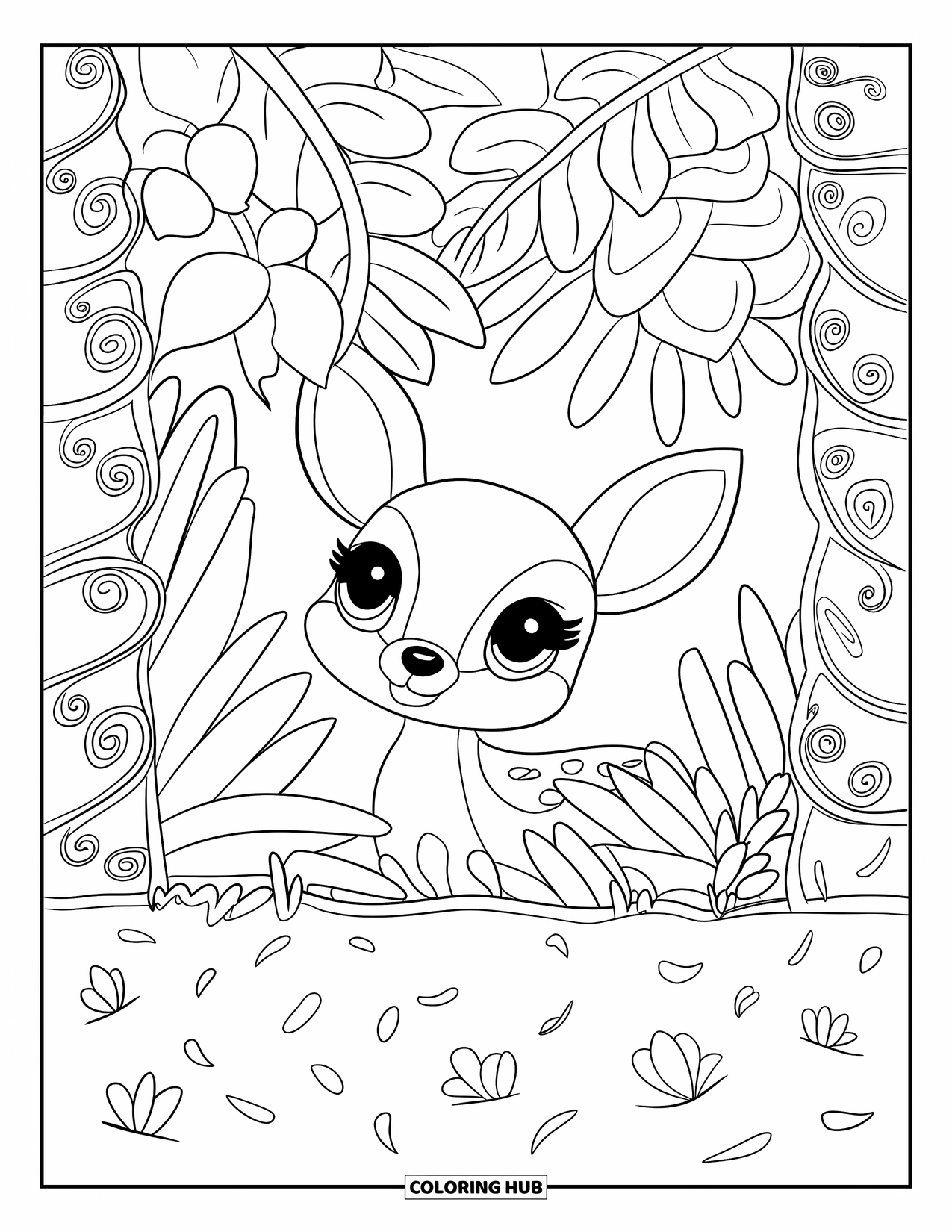 Jungle Coloring Page for Adults: A tiny jungle deer peeks through thick ferns with vines and petals around it