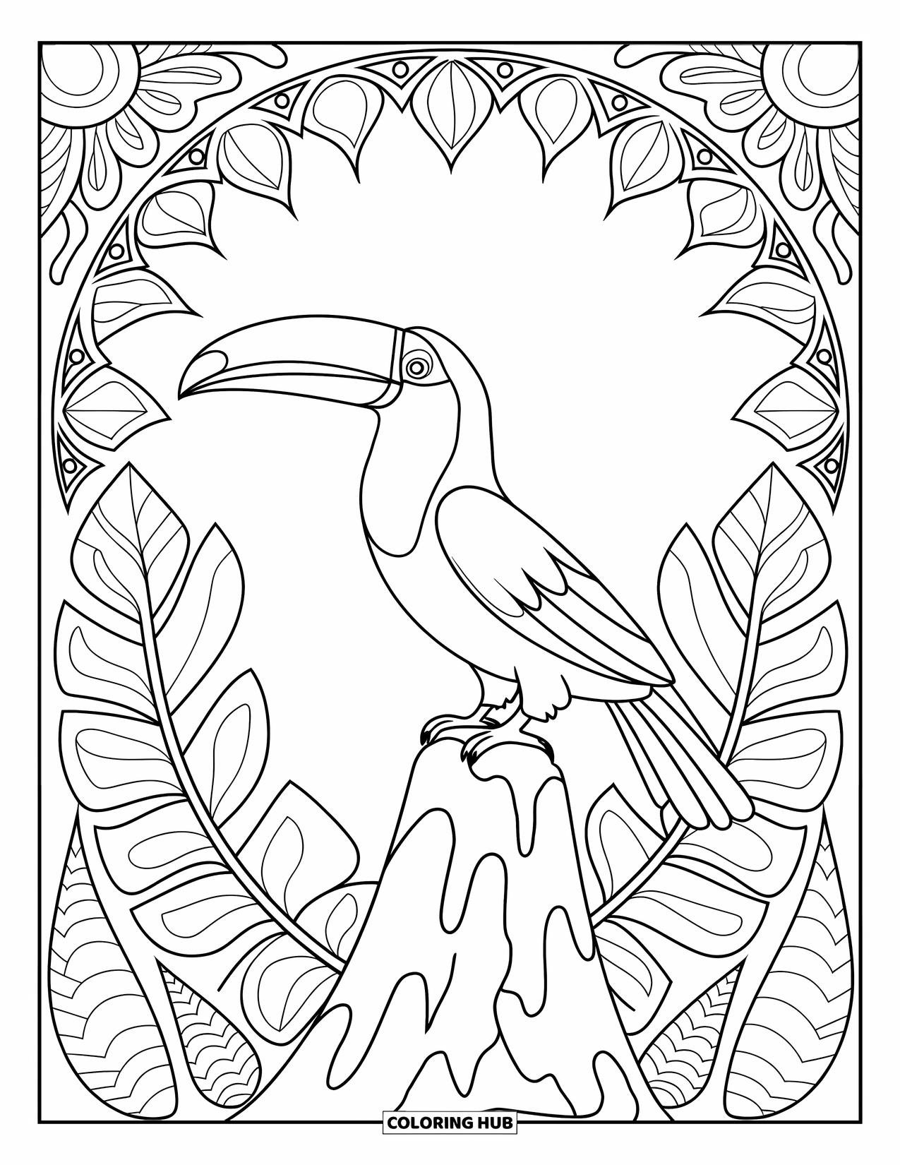 Jungle Coloring Page for Adults: A toucan perches on a moss-covered tree trunk with patterned leaves in the background