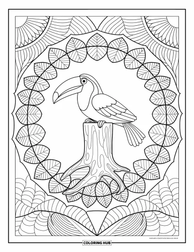 Coloriage de jungle pour adultes : Un toucan se repose sur un tronc d'arbre entouré de grandes feuilles à motifs et de détails complexes