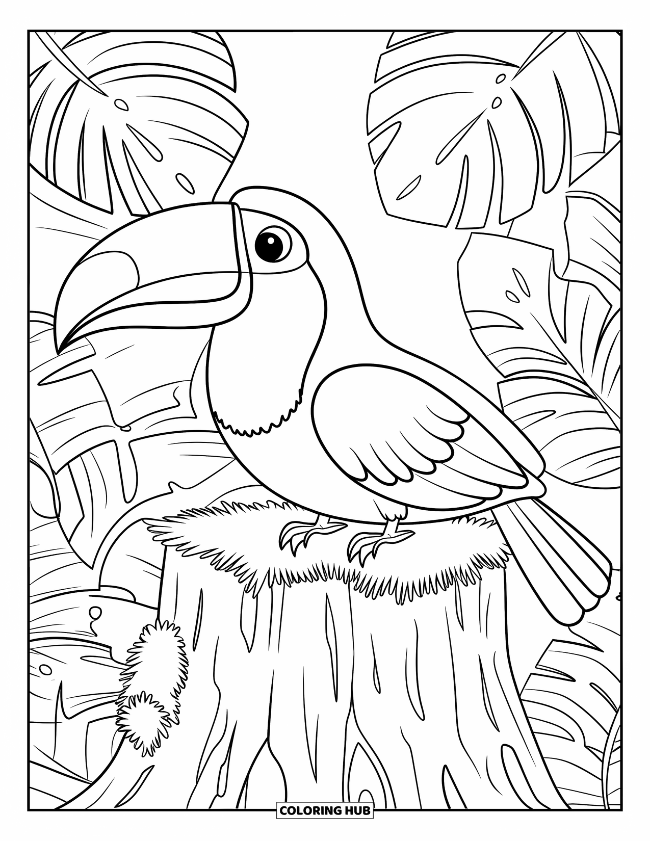 Jungle Coloring Page for Adults: A toucan sits atop a mossy tree trunk among patterned leaves and jungle trees