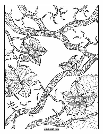 Coloriage de jungle pour adultes : Une vue de canopée tropicale avec des lianes torsadées, des branches entrelacées et des fleurs éclatantes
