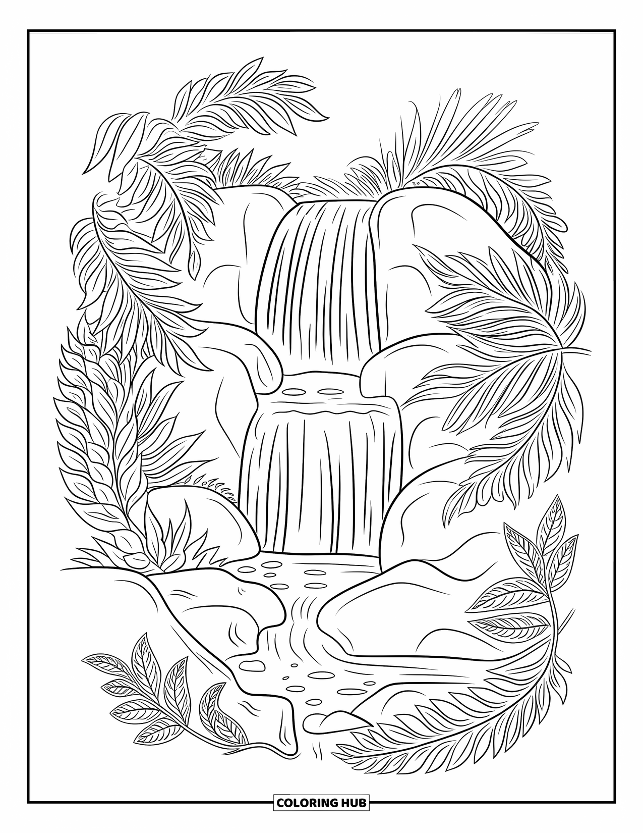 Jungle Coloring Page for Adults: A waterfall flows over jungle rocks with detailed foliage and ferns around it