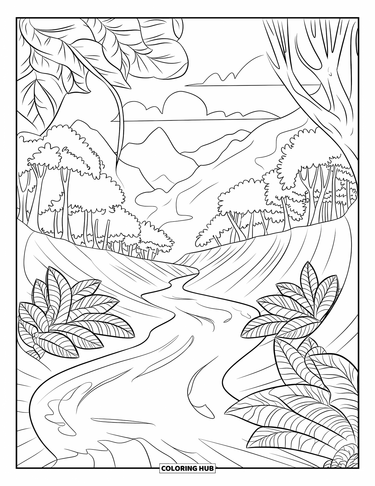 Jungle Coloring Page for Adults: A winding river flows through a jungle valley with trees, mountains, and clouds