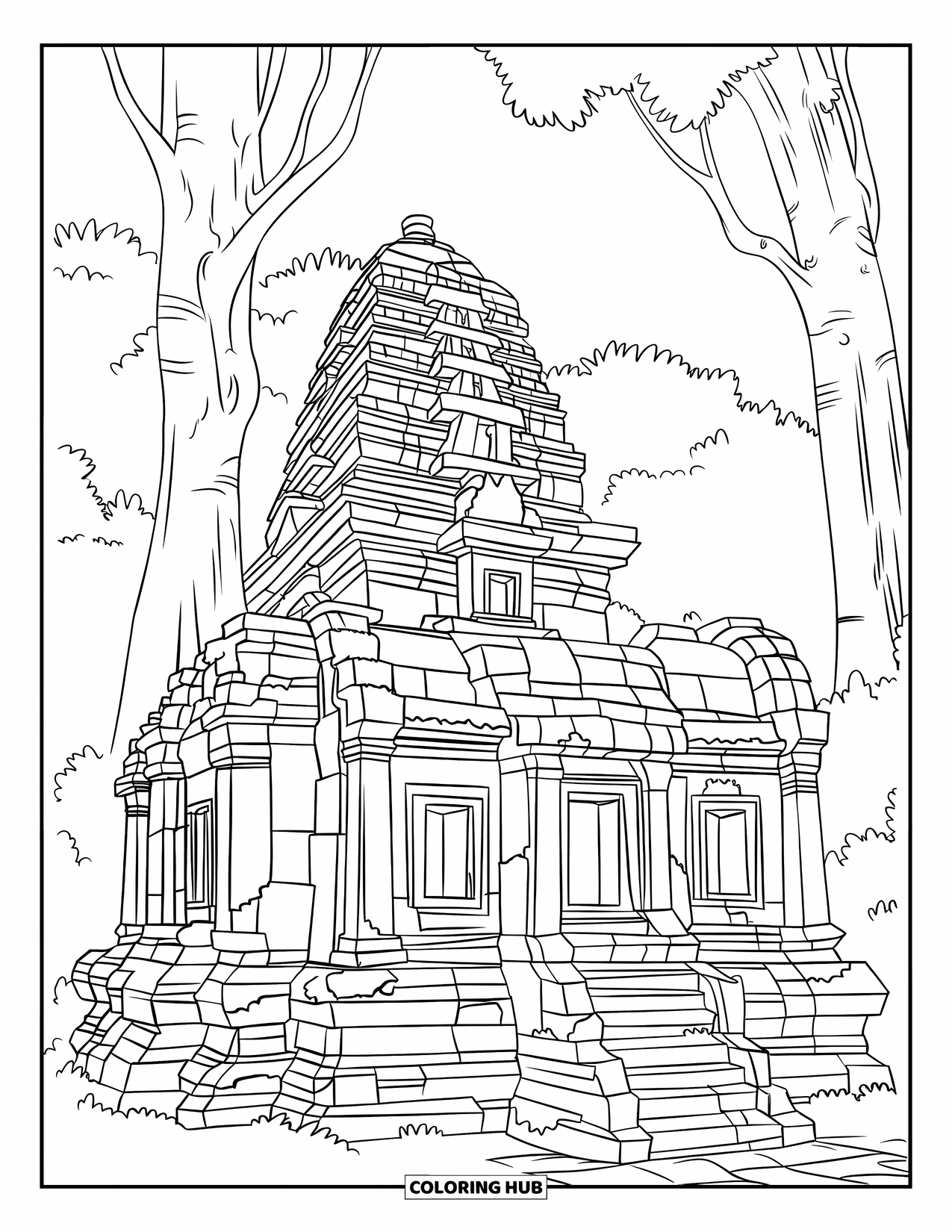 Jungle Coloring Page for Adults: An ancient mossy temple with intricate carvings is hidden among tall jungle trees