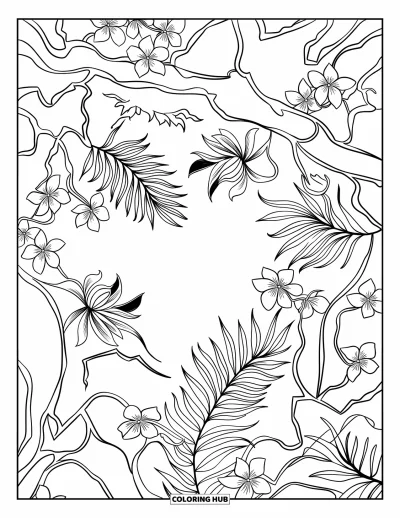 Coloriage de jungle pour adultes : Une vue en plongée de branches tropicales, de lianes entrelacées et de fleurs exotiques