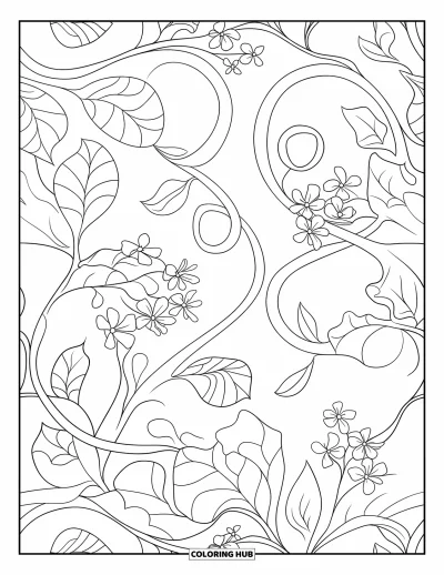 Coloriage de jungle pour adultes : D'élégantes lianes de jungle et de délicates fleurs s'entrelacent dans un gros plan très détaillé