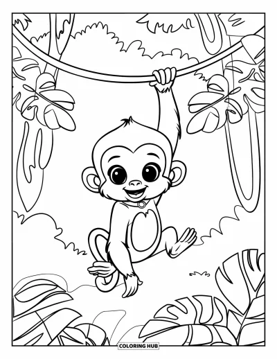 Coloriage de jungle pour enfants : Un bébé singe avec un collier se balance à une liane dans une jungle touffue