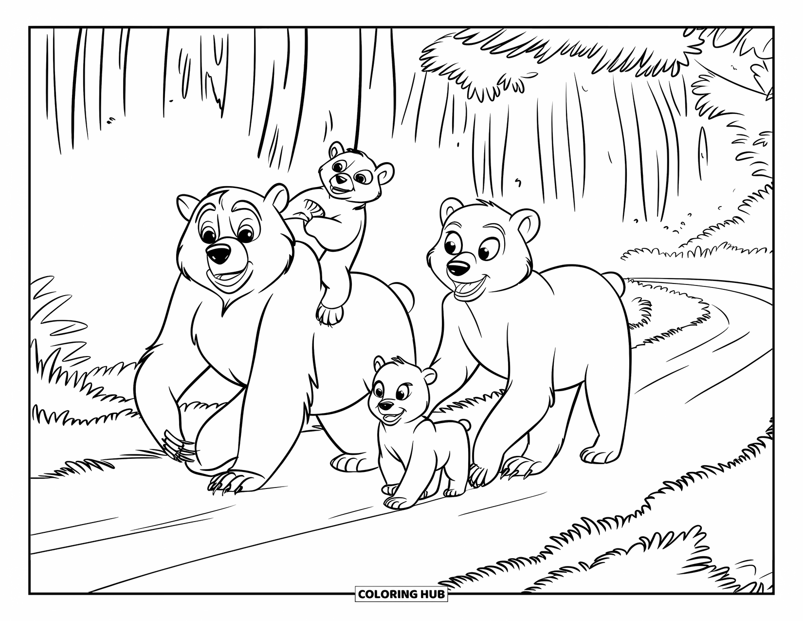 Jungle Coloring Page for Kids: A bear family walks together along a lush jungle path with tall trees around