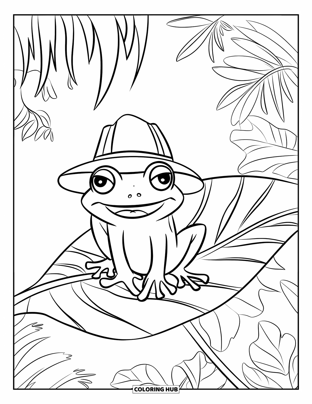 Jungle Coloring Page for Kids: A cheerful frog with a hat sits on a giant jungle leaf among lush plants