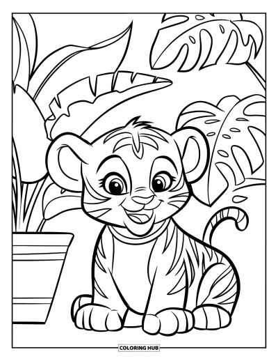 Coloriage de jungle pour enfants : Un joyeux lionceau avec un collier est assis près de plantes tropicales en pot
