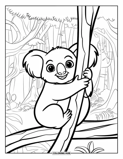 Coloriage de jungle pour enfants : Un koala douillet s'accroche à une liane perché sur une branche dans une jungle dense