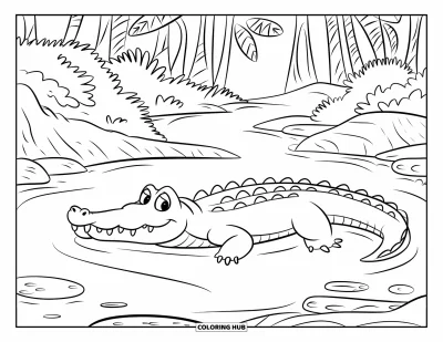 Coloriage de jungle pour enfants : Un crocodile flotte la gueule ouverte, entouré d'une végétation luxuriante et de pierres lisses