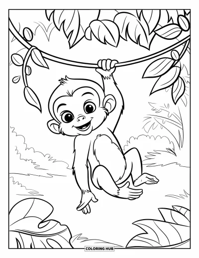 Coloriage de jungle pour enfants : Un adorable bébé singe se balance à une liane entouré de grandes plantes feuillues
