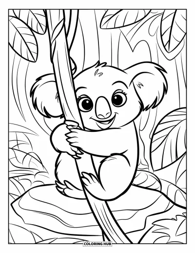 Coloriage de jungle pour enfants : Un koala adorable s'accroche à une liane épaisse entouré d'une végétation de jungle dense