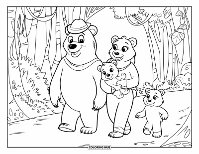 Coloriage de jungle pour enfants : Une famille de quatre ours se promène sur un chemin de jungle entouré de grands arbres