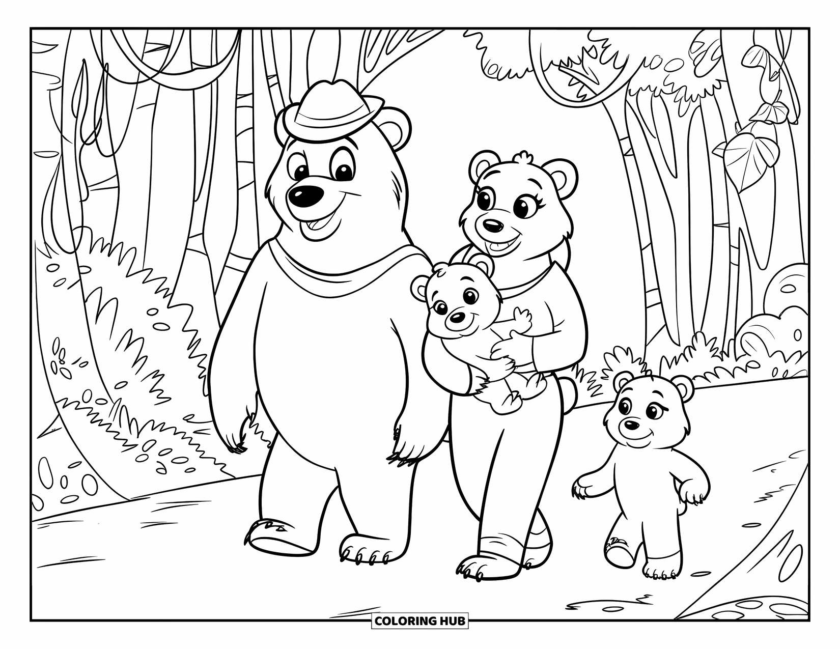 Jungle Coloring Page for Kids: A family of four bears strolls along a jungle path surrounded by tall trees